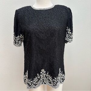 Vintage Beaded Silk Blouse Laurence Kazar Pearl New Years Eve Black Size Medium